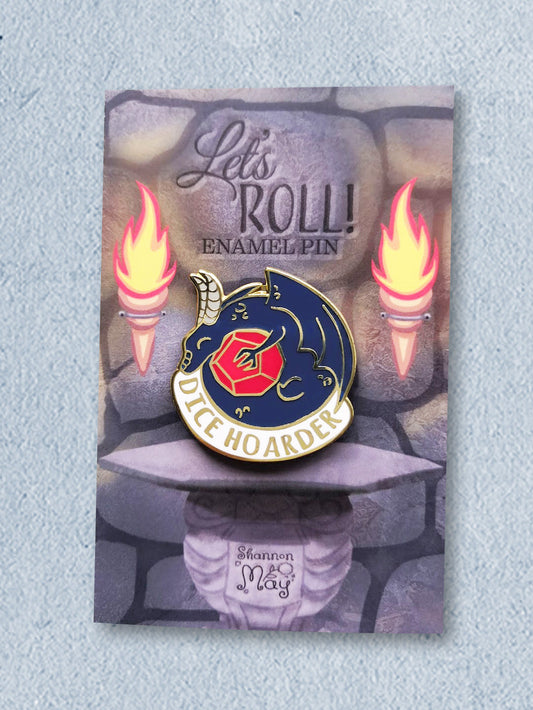 RPG dice hoarder enamel pin gift for tabletop gamers featuring a dragon on a backing card