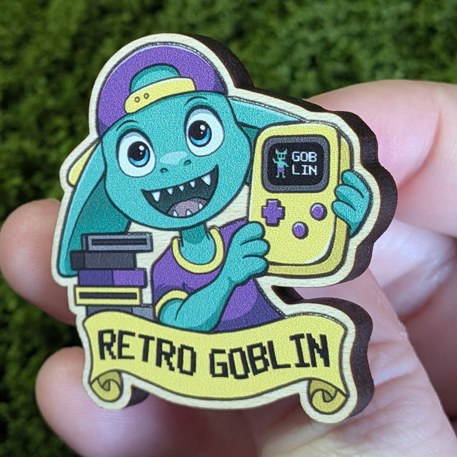 Retro Gamer Goblin Wooden Pin by Smayday Draws