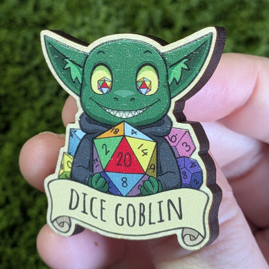 Dice Goblin Wooden Pin by Smayday Draws