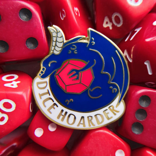 Dice Hoarder tabletop RPG enamel pin in hard enamel featuring a dragon